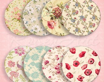 Shabby Chic Floral download bottle cap images for pendants cabochon 20mm 18mm, 16mm 14mm, 12mm circles printable round Digital Collage Sheet