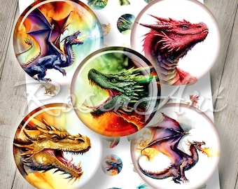 Dragons 1 inch circles Digital Collage Sheet cabochon instant download printable round 1" bottlecap images for jewelry 30mm 25mm, 1.25" 1.5"