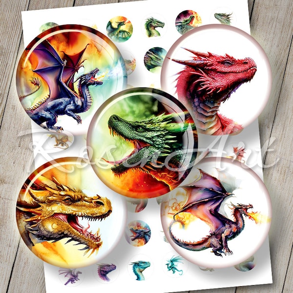Dragons 1 inch circles Digital Collage Sheet cabochon instant download printable round 1" bottlecap images for jewelry 30mm 25mm, 1.25" 1.5"