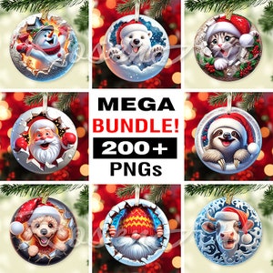 Bundel afdrukbare 3D-kerstversieringen, doorbraak ronde sublimatie png, instant digitale download, cirkelafbeeldingen kerstman, cliparts