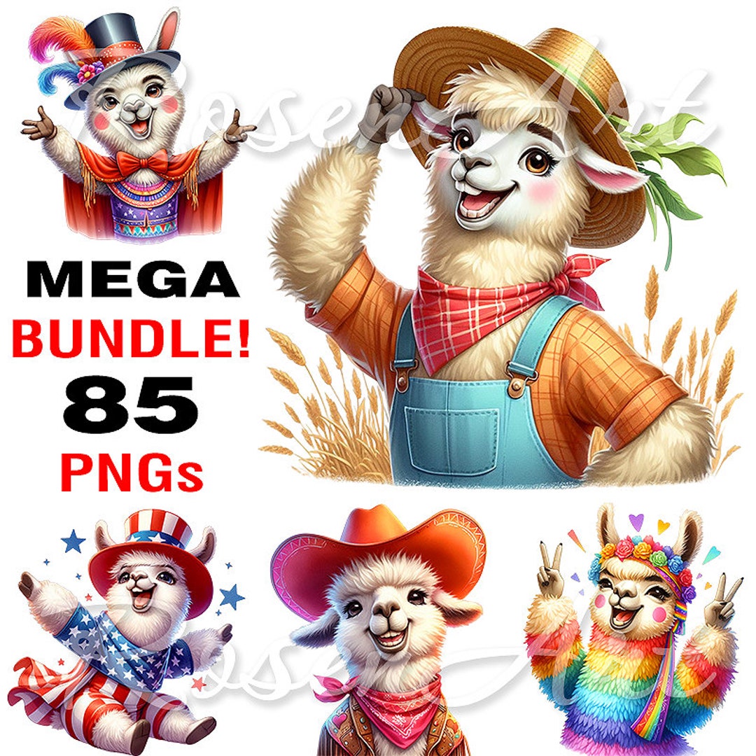 Cute Watercolor Llama Cliparts Transparent PNG Bundle Instant Digital ...