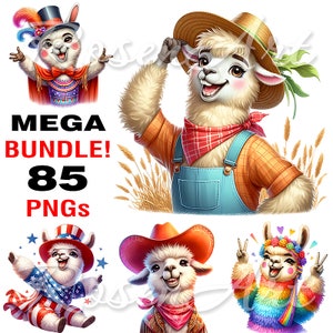 Linda acuarela Llama Cliparts transparente PNG Bundle imágenes de descarga digital instantánea divertido animal imprimible diseño de sublimación paquete de dibujos animados