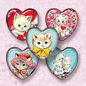Images de la Saint-Valentin chatons et chats rétro pour pendentif en forme de coeur 1 pouce 1,5" 25 mm 20 mm 18,16 mm Amour imprimable Collage numérique