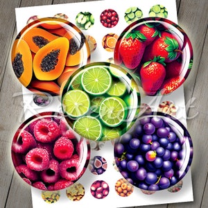 Frutta rotonda foglio di Collage digitale 20mm, 18mm 16mm, 14mm 12mm cerchi stampabili orecchini tappo di bottiglia immagini download immediato ciondolo cabochon