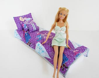 Juego de edredón morado de Elsa y Anna para muñeca Barbie