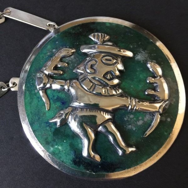 Massive Graziella Laffi Sterling Silver & Enamel Medallion Pendant Necklace Peru