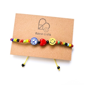 Peace Love Happiness Beaded Bracelet - Adjustable Waxed Cord