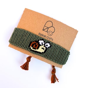 Small Bracelet - Snail motif friendship bracelet cuff chunky kawaii critter unisex wrap wristband cute cartoon green earthy kids childrens
