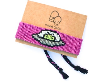 Bracelet - UFO motif friendship bracelet cuff chunky kawaii space critter unisex wrap wristband alien cute purple martian flying saucer moon