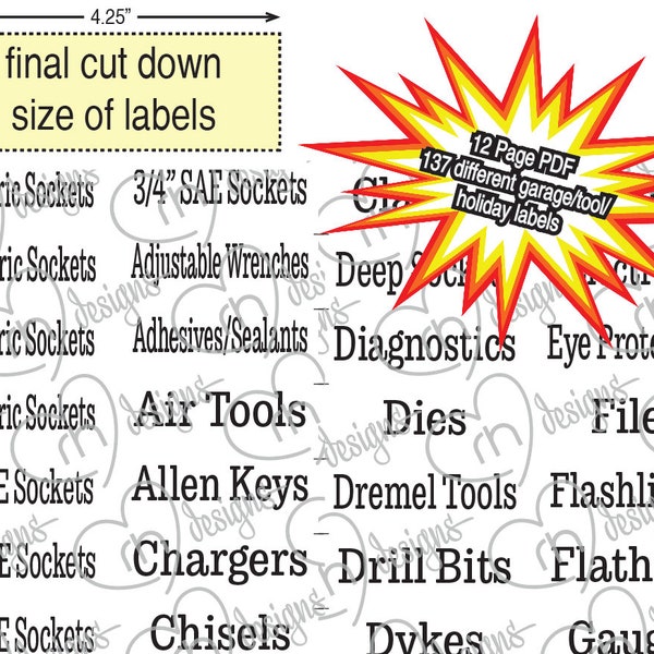 Garage/Tools/Holiday Organizing Labels. 12 pages of digital download. Printable Garage Tools Holiday Organizing Labels. Digital Download.