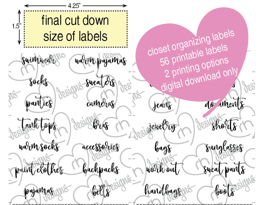 Printable Closet Organizing Labels. Digital Download. 2 PDF Files Both