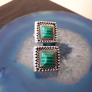 Vintage Green Striped Agate Braided Square Clip Earrings Sterling Silver 925 EG4