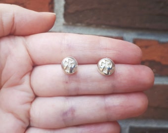 Vintage Round Cross Sterling Silver Stud Earrings 925 EG9e