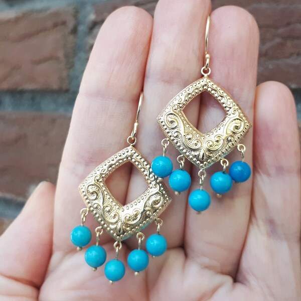 Vintage JCM 14k Solid Yellow Gold Square Filigree Turquoise Dangle Earrings Bohemian