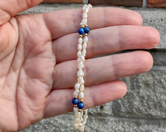 Vintage 5 mm Two Strand Rice White Cultured Pearl Lapis Lazuli 14k Yellow Gold Clasp Bracelet B5b