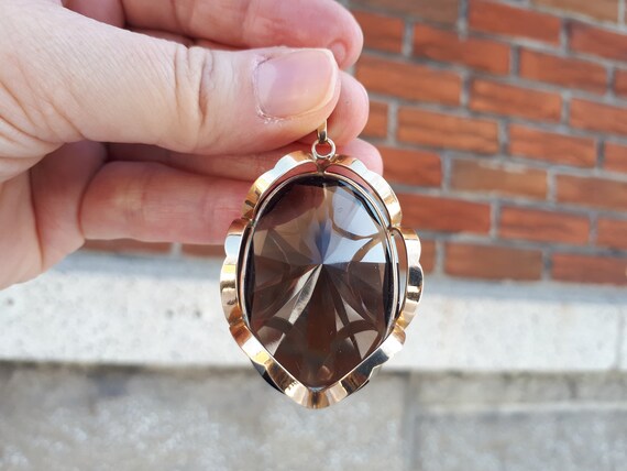 Vintage Large Smoky Quartz 14k Yellow Gold Pendant - image 3