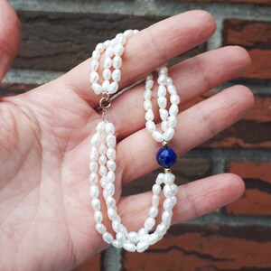 Vintage 5 mm Three Strand Rice White Cultured Pearl Lapis Lazuli 14k Yellow Gold Clasp Bracelet B4b