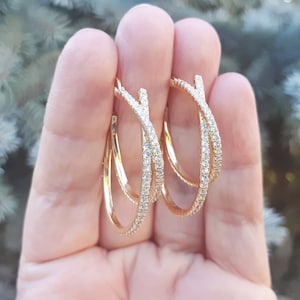 Vintage CZ Yellow Gold Over Sterling Silver Hoop Cross Earrings 925