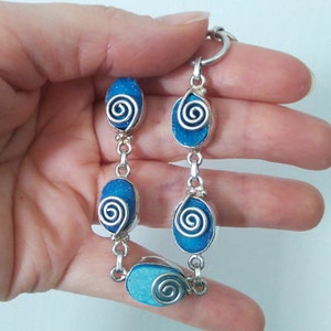Vintage Druzy Wire Wrapped Sterling Silver Link Bracelet 925 Blue gemstone