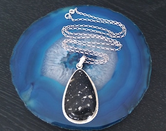 Vintage Black Spotted Jasper Pendant Sterling Silver Chain, Large gemstone , Long necklace, black gemstone NG2