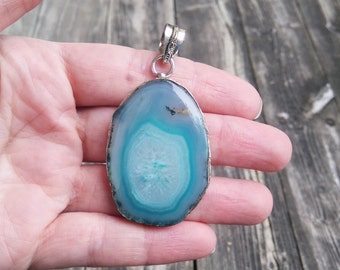 Vintage Blue Agate Geode Slice Pendant Sterling Silver, Raw Stone Jewelry P1