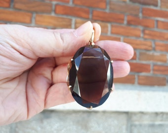 Pingente Vintage Grande Quartzo Fumê Ouro Amarelo 14k