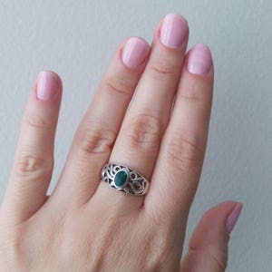 Vintage Malachite Sterling Silver Ring Tribal Green Gemstones, Size 7 3/4