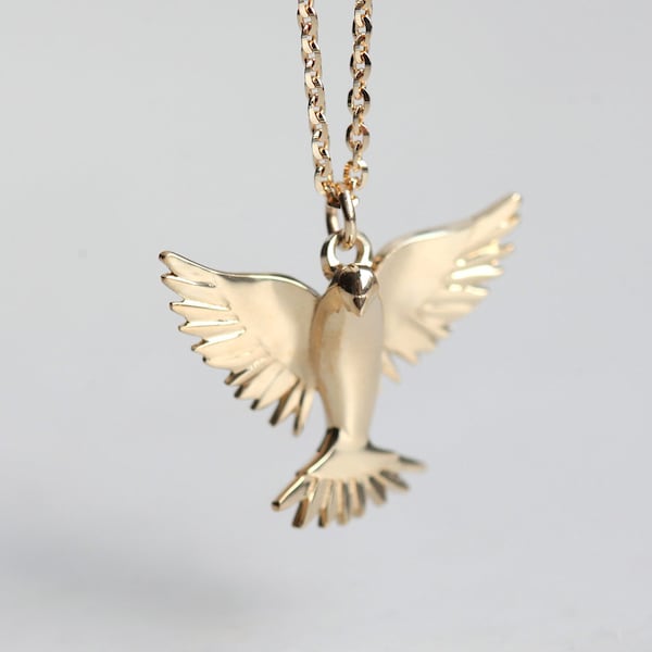 Collier Saint-Esprit en or, Collier colombe blanche, Collier en or 14 carats, Collier de charme d’oiseau volant