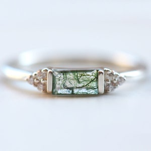 Moss agate engagement ring, Baguette green mossy gemstone wedding ring, Diamond or moissanite side stones