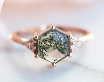 Moss agate ring, Hexagon engagement ring, Green gemstone & diamond ring, Organic ring