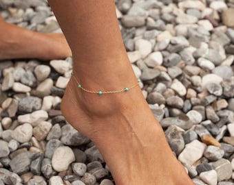 Gold turquoise anklet, Rose gold ankle bracelet, Delicate gemstone bead anklet, Simple boho anklet