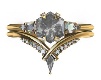 Hexagon zout peper diamant verloving Ring, Diamond Ring, Diamond ring bezet met zeshoek zout peper diamant