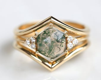 Moss agate engagement ring set, Chevron nesting bands, Hexagon ring, Side diamond ring