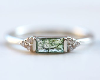 Moss agate engagement ring, Baguette green mossy gemstone wedding ring, Diamond or moissanite side stones