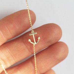 Sideways anchor necklace, 14k solid gold necklace, Small sideways charm necklace, Rose gold necklace