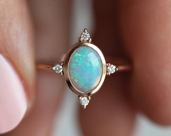 Opal engagement ring, Blue australian opal ring, Fire opal & diamond rose gold ring, Vintage wedding ring