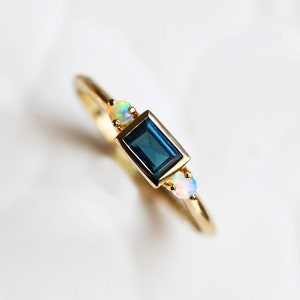 Baguette Teal Sapphire ring, Green Blue Sapphire Ring, Teal Engagement ring, Three stone engagement ring with side australian opals image 1