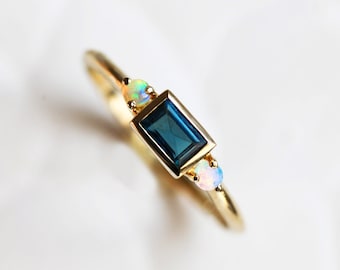 Baguette Teal Sapphire ring, Green Blue Sapphire Ring, Teal Engagement ring, Three stone engagement ring with side australian opals