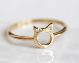 14k Gold Cat Ring, Diamond Kitty Ring, Delicate Gold Ring perfect Gift for Daughter Sister Wife