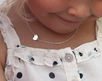 Child heart necklace, Sideways charm with cz diamond necklace, Silver dainty initial disc necklace