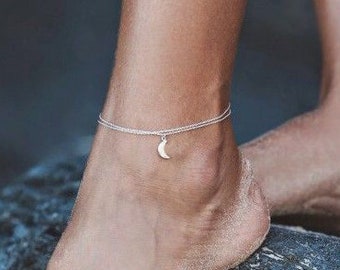 Moon anklet, Solid gold foot bracelet, White crescent anklet, Double strand anklet, Rose gold anklet