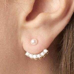 Pearl & Diamond Ear Jacket, Single Stud Earring in 14k Solid Gold, Special Stud Earrings For Women image 2