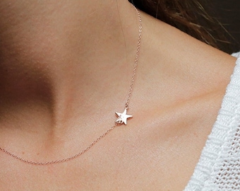 Rose gold star necklace, Initial star necklace, Sideways star necklace, Delicate star necklace