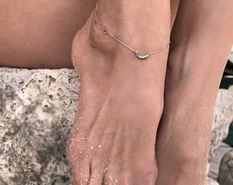 Crescent Moon and Star Anklet, Tiny Ankle Bracelet, 14k Solid Gold, 12mm Moon & 4mm Star Pendant