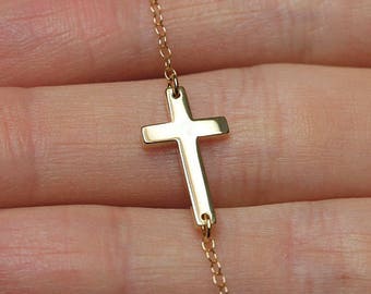 Gold cross necklace, Sideways cross necklace, 14k solid gold charm necklace, Dainty religious necklace