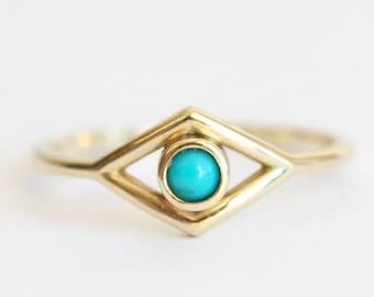 Evil eye ring, Turquoise ring, 18k gold engagement ring, 14k solid bohemian ring, Dainty blue ring