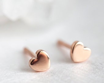 Heart earrings, Rose gold studs, 4mm earrings, Small adult studs, Dainty girls earrings, Love stud