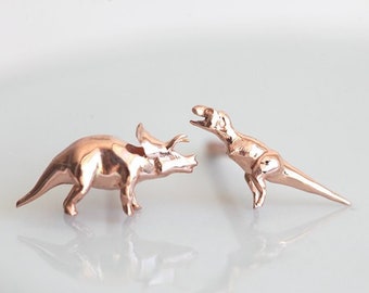 14k gold dinosaur earrings, Realistic tyrannosaurus t rex stud, Triceratops cartilage stud, Animal studs