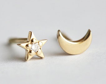 Moon and star stud earrings in 14k Gold, Dainty stud earrings Asymmetrical earrings, Star earrings, moon earrings, gift for her