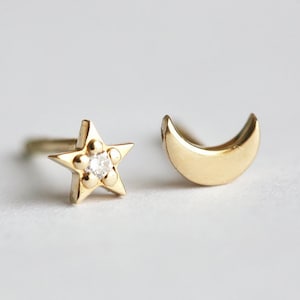 Moon and star stud earrings in 14k Gold, Dainty stud earrings Asymmetrical earrings, Star earrings, moon earrings, gift for her image 1